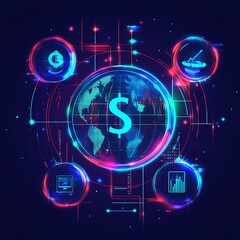 global inflation data, neon digital network trends, economy system and business programs, flat desig