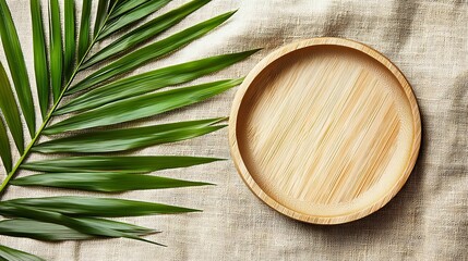 Poster - Wooden plate with palm leaf on natural linen textile background Copy space Top view : Generative AI