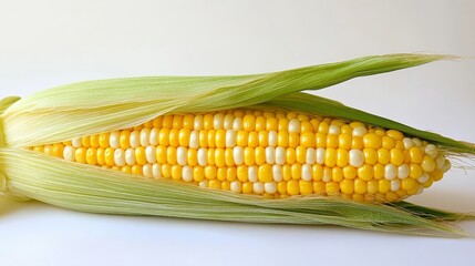 A single ear of sweet corn sits against a white backdrop. You can see its bright yellow kernels and green husk close up. It's perfectly ripe and ready to eat.