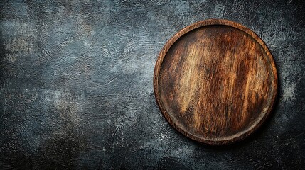 Poster - Round wooden plate cutting board Grey background Copy space Top view : Generative AI