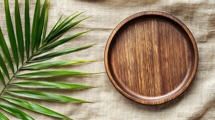 Poster - Wooden plate with palm leaf on natural linen textile background Copy space Top view : Generative AI