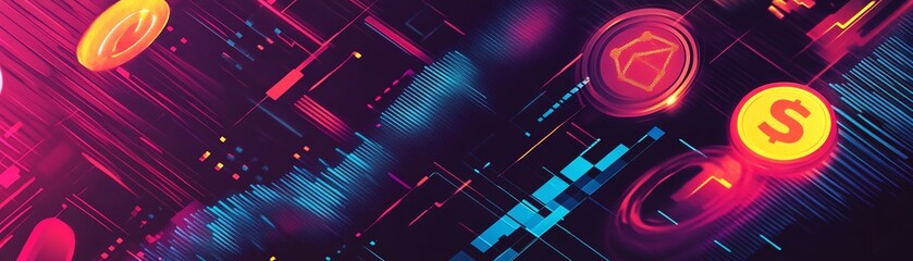 Global inflation trends, digital economy system, neon network activities, financial program, flat design illustration