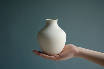 A person showcasing a designer ceramic vase with a solid color backdrop, emphasizing its sophisticated design and craftsmanship. 