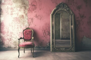 Wall Mural - Antique Mirror Room Interior Design with Vintage Chair and Luxurious Background