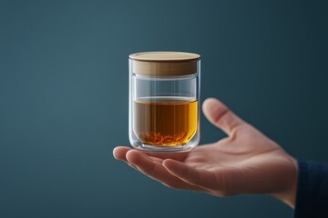 An individual presenting a premium glass tea infuser with a solid color background, highlighting its elegant design and functionality