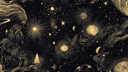 A black and gold painting of a starry sky with a large star in the center