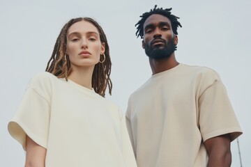 young diverse couple posing in streetwear fashion