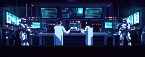 Futuristic lab with scientists and robots