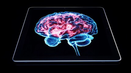 A digital tablet displays a 3D model of the human brain with glowing red and blue highlights on a black background.