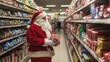 © Postproduction - Santa Claus in supermarket aisle filled with holiday items, shopping for Christmas gifts