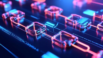 Blockchain disruption, glowing hologram nodes, digital tech scene, neon hues