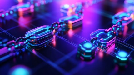 Blockchain disruption, glowing hologram nodes, digital tech scene, neon hues