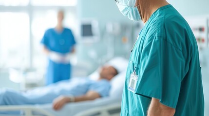 Nurse helping doctor while patient lies in hospital bed, emergency care brochure