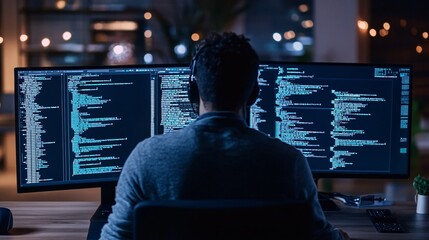 Programmer Analyzing AI-Generated Data on Multiple Computer Screens
