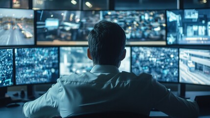 Security Guard Monitoring Multiple Surveillance Screens In Control Room