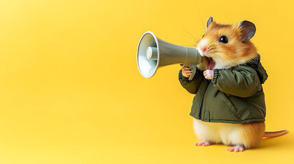 Wall Mural - A cute and funny hamster holding a megaphone and announcing