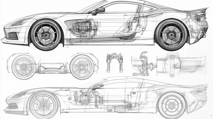 Auto blueprint in a technical drawing style, showcasing detailed schematics of a car.