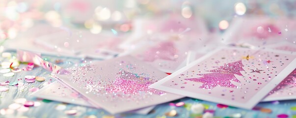 Sparkling pink holiday cards with glitter and confetti