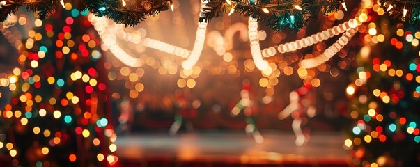 Wall Mural - Festive circus stage with Christmas decorations and bokeh lights