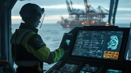 marine engineer operates advanced technology on commercial cargo ship, overseeing critical systems and navigation. scene captures essence of maritime operations and teamwork