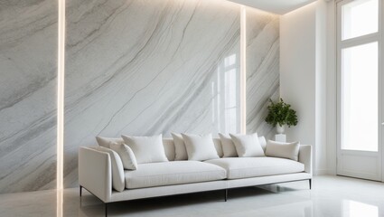 Modern Living Room with White Sofa and Marble Wall.