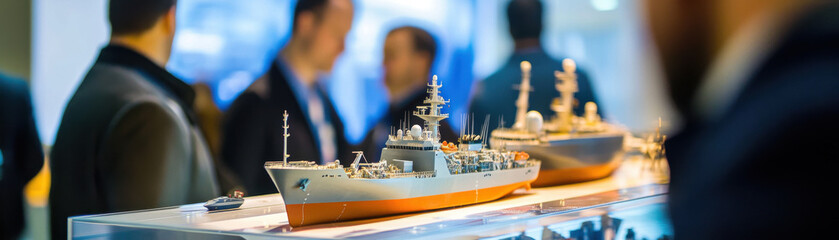 International marine engineering conference showcasing detailed ship models, with attendees engaged in discussions. atmosphere is vibrant and professional