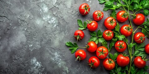 Wall Mural - A vibrant array of ripe tomatoes, their bright red hues contrasting against the dark backdrop, nestled amidst lush green sprigs of parsley, creates a symphony of color and freshness.