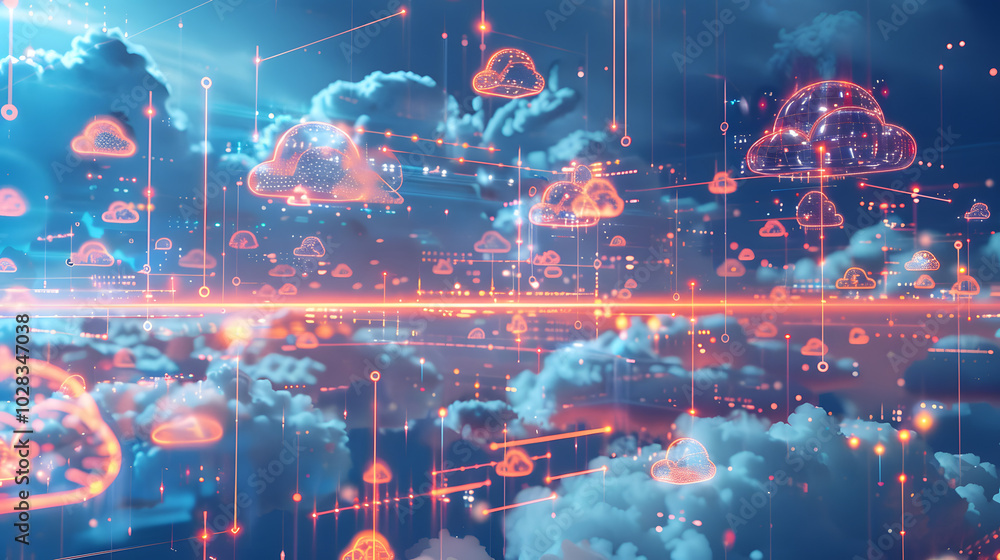 Hybrid Cloud Infrastructure: A detailed diagram showcasing a hybrid cloud architecture, blending on-premises data centers with public cloud services