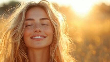 A woman enjoying golden hour in a sunlit field with a radiant smile, surrounded by tall grass and warm sunlight in the background