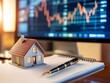 © Sinechana - 2408 39.A close-up of a desk where a small house model sits next to a notebook filled with notes, while a pen is placed nearby. A stock market chart is visible on a computer screen in the background,