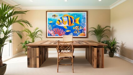 Wall Mural - Tropical home office interior design with poster frame