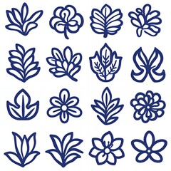 Wall Mural - Collection of 16 blue floral illustrations.