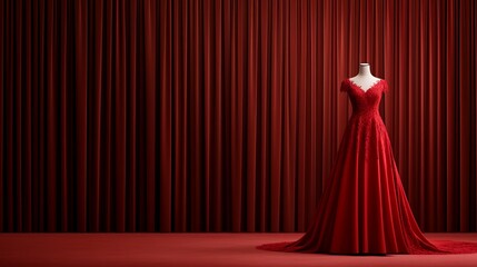 Wall Mural - Luxurious ruby red gown with intricate lace detailing, displayed on a mannequin, spotlight highlighting the rich color, set against a velvet curtain background