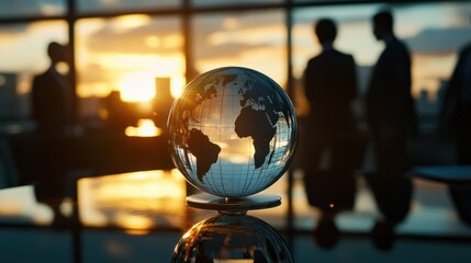 Wall Mural - Crystal globe on a reflective office meeting table with blurred silhouettes of businesspeople in the background.