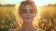 © Рудой Максим - A young woman smiles gently in a sunlit field during golden hour, surrounded by wildflowers and the warmth of the setting sun