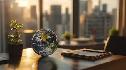 Glass earth on desk in business concept photo, representing global commerce and corporate responsibility