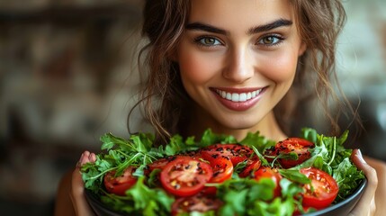 A woman smiles while holding a fresh salad with tomatoes and greens in a cozy kitchen setting during daylight