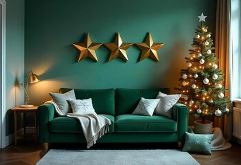 Wall Mural - A cozy living room with a green velvet sofa, a wooden side table, and three gold star-shaped wall decorations. in  room a Christmas tree and holiday decor