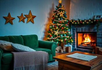 A cozy living room with a green velvet sofa, a wooden side table, and three gold star-shaped wall decorations. in  room a Christmas tree and holiday decor