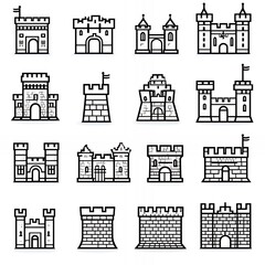 Poster - Set of 16 black and white castle icons.