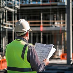 Construction worker reviewing blueprints at a job site, showcasing safety gear and building progress in a modern environment.