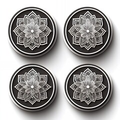 Sticker - Four circular designs with white floral patterns on a black background.