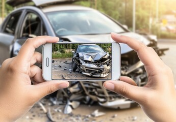 Person Photographing Damaged Car with Smartphone