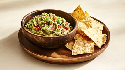 A wooden bowl of guacamole with fresh diced tomatoes, onions and bell peppers, served with a side of tortilla chips on a wooden plate.