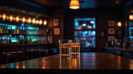 Two glasses of beer on a wooden table in a dimly lit bar.