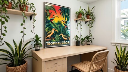 Wall Mural - Tropical modern home office interior design with poster frame