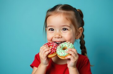 happy cute little girl in red christmas sweater eating sweet donut over blue background.