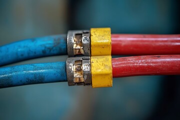 Blue Red Connector Cables, metal clamps, yellow insulation, industrial setting, close-up, focus on connection, vibrant colors