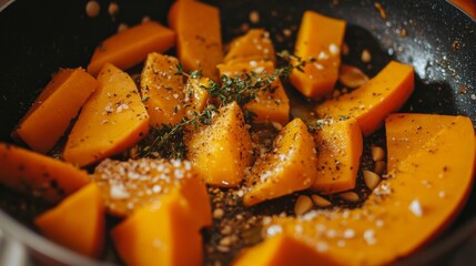 Wall Mural - Sliced pumpkin seasoned with thyme and garlic, ready for baking in a pan