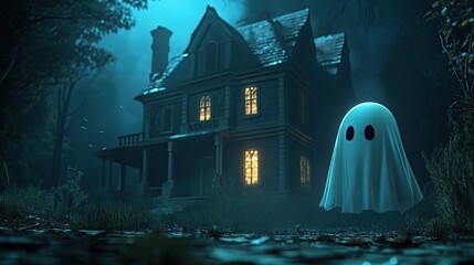 Wall Mural - A Ghostly Figure Stands Before a Haunted Mansion in a Foggy Forest at Night